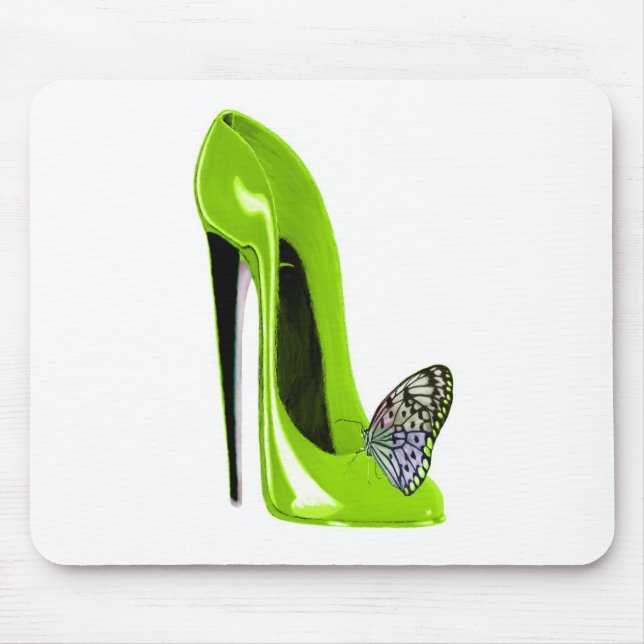 Lime green stiletto shoe and butterfly mouse mat (Front)