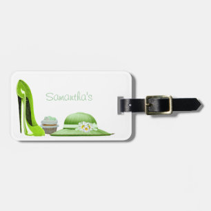 Lime Green Stiletto Shoe, Cupcake and Hat Art Luggage Tag