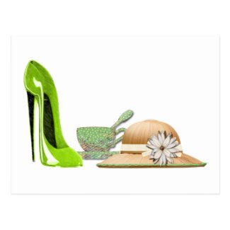 Lime Green Stiletto Shoe, Hat and Teacup Art Postcard