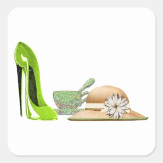 Lime Green Stiletto Shoe, Hat and Teacup Art Square Sticker
