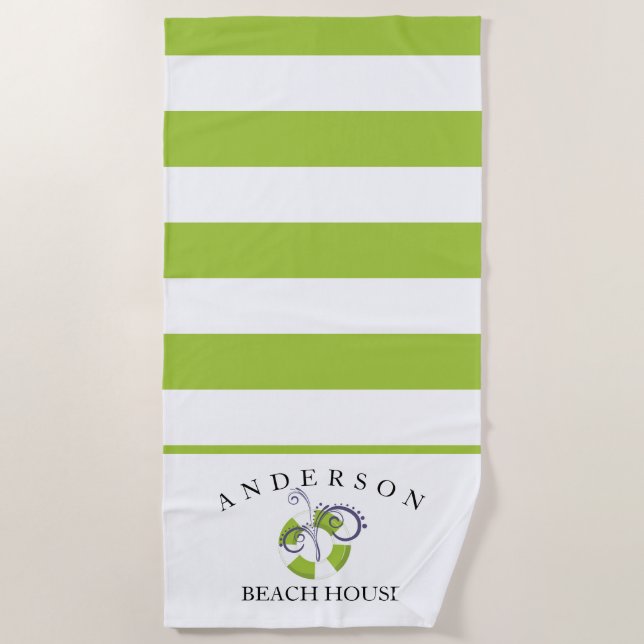 Lime Green Stripe Personalised Beach House Towel (Front)