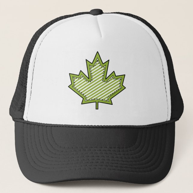 Lime Green Striped Applique Stitched Maple Leaf Trucker Hat (Front)