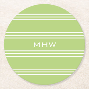 Lime Green Stripes custom monogram paper coasters