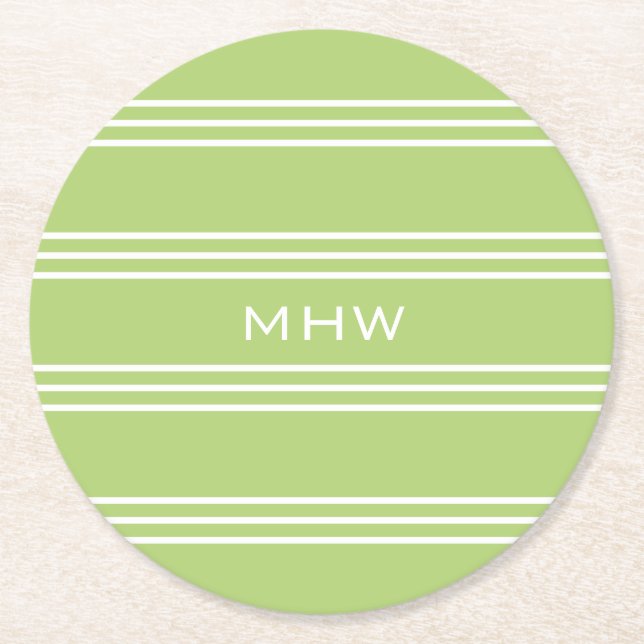 Lime Green Stripes custom monogram paper coasters (Front)