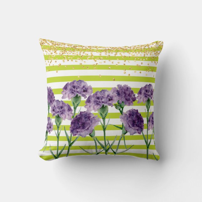 Lime Green Stripes Purple Carnations Gold Confetti Cushion (Front)