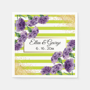 Lime Green Stripes Purple Carnations Gold Confetti Napkin
