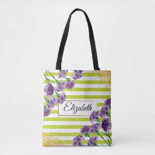 Lime Green Stripes Purple Carnations Gold Confetti Tote Bag