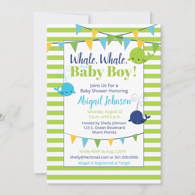 Lime Green Stripes Whale It's A Boy Baby Shower Invitation (Front)