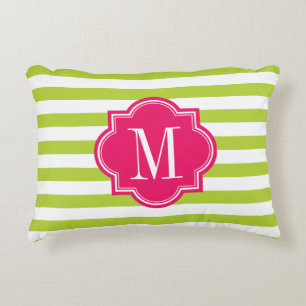 Lime Green Stripes with Hot Pink Monogram Decorative Cushion