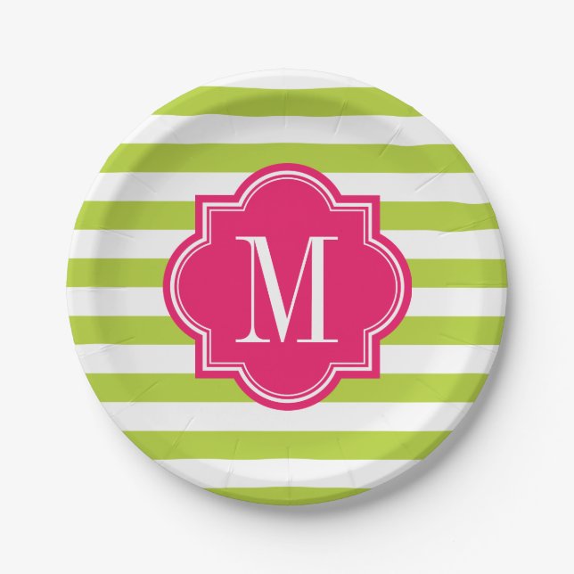 Lime Green Stripes with Hot Pink Monogram Paper Plate (Front)