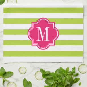 Lime Green Stripes with Hot Pink Monogram Tea Towel