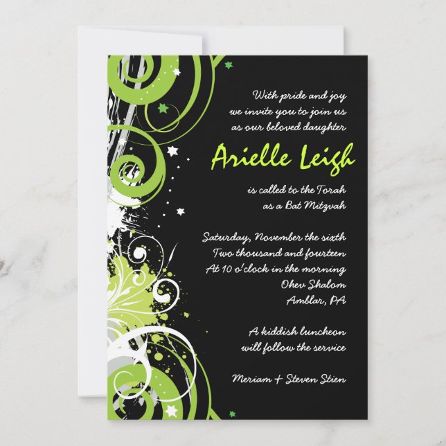 LIME GREEN SWIRLS & STARS Bat Mitzvah Invitation (Front)