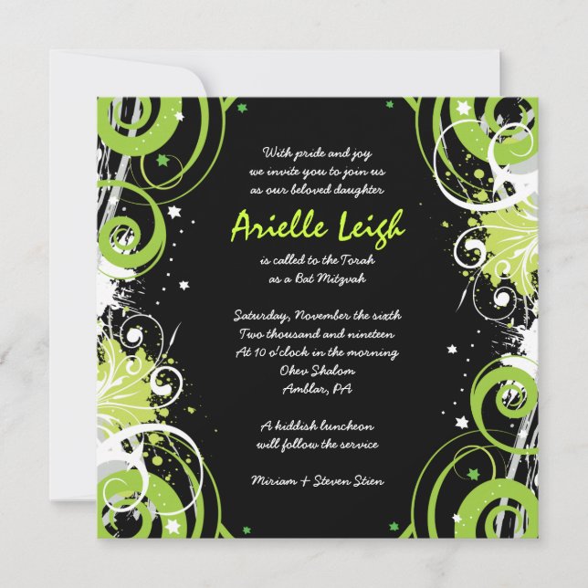 LIME GREEN SWIRLS & STARS Bat Mitzvah Invitation (Front)