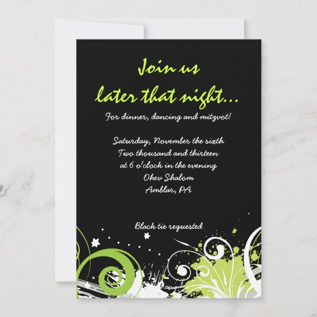 LIME GREEN SWIRLS & STARS Bat Mitzvah Party Card (Front)
