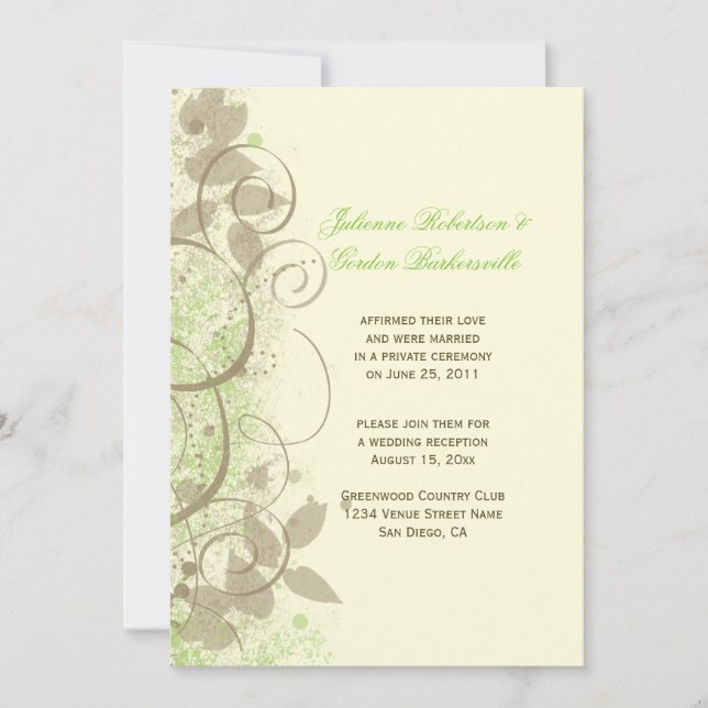 Lime Green Tan Ivory Swirls Leaves Post Wedding Invitation (Front)