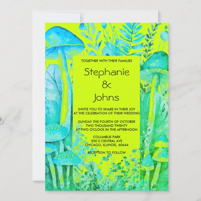 Lime Green Teal Blue Mushrooms Woodland Wedding Invitation (Front)