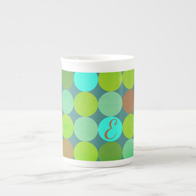Lime Green Teal Turquoise & Rust Circles Monogram Bone China Mug (Front)