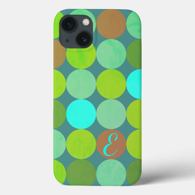 Lime Green Teal Turquoise & Rust Circles Monogram Case-Mate iPhone Case (Back)