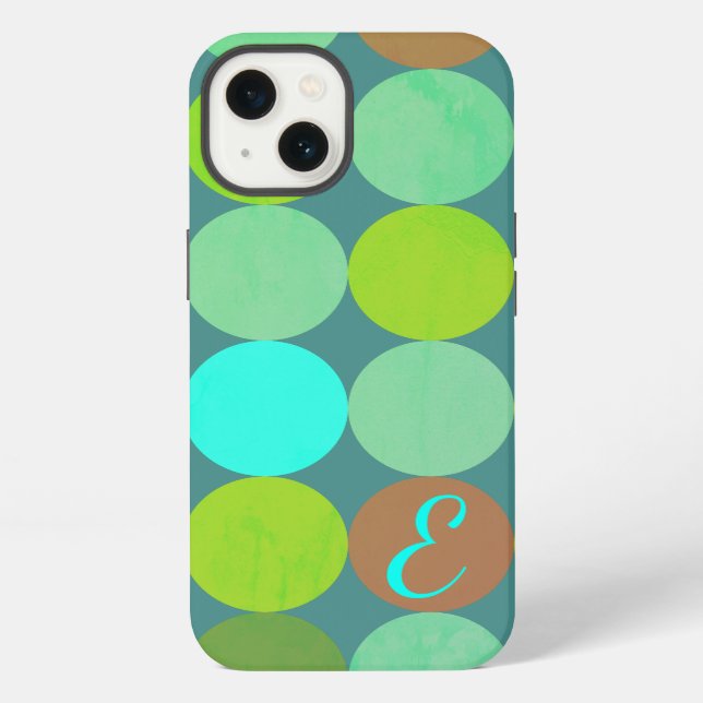 Lime Green Teal Turquoise & Rust Circles Monogram iPhone Case (Back)