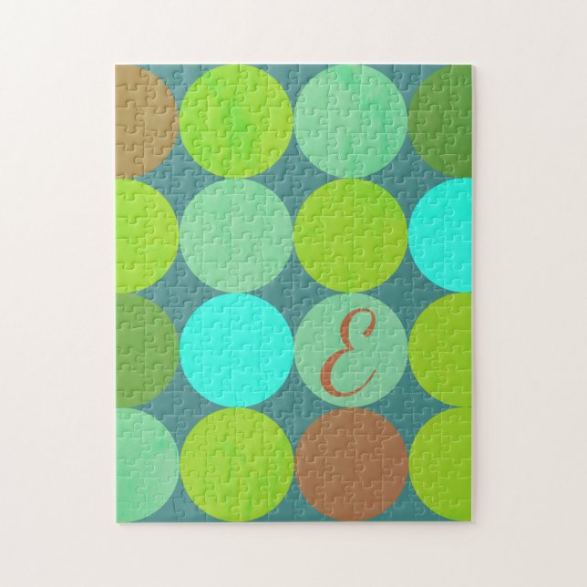 Lime Green Teal Turquoise & Rust Circles Monogram Jigsaw Puzzle (Vertical)