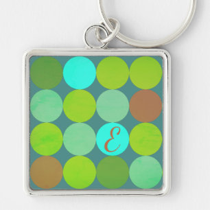 Lime Green Teal Turquoise & Rust Circles Monogram Key Ring