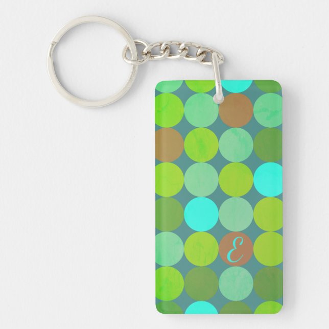 Lime Green Teal Turquoise & Rust Circles Monogram Key Ring (Front)