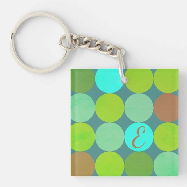 Lime Green Teal Turquoise & Rust Circles Monogram Key Ring (Front)