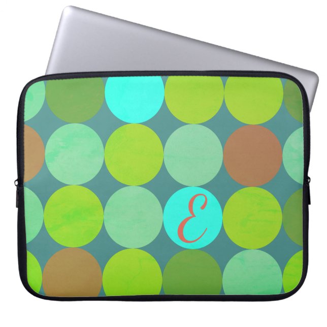 Lime Green Teal Turquoise & Rust Circles Monogram Laptop Sleeve (Front)