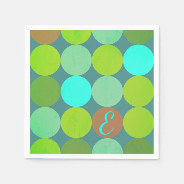 Lime Green Teal Turquoise & Rust Circles Monogram Napkin (Front)