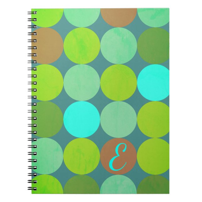 Lime Green Teal Turquoise & Rust Circles Monogram Notebook (Front)