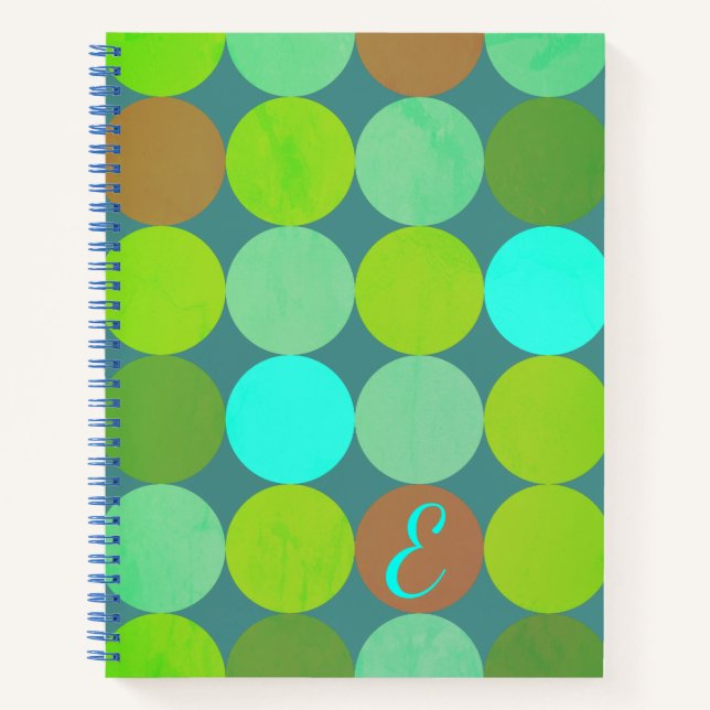 Lime Green Teal Turquoise & Rust Circles Monogram Notebook (Front)