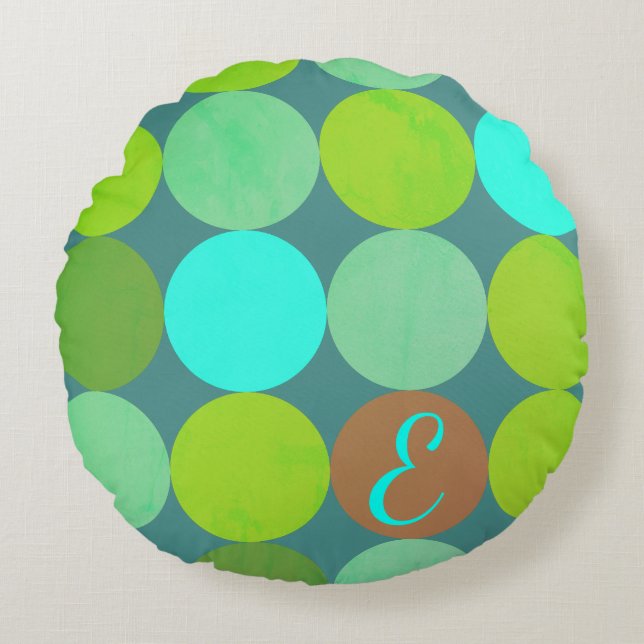 Lime Green Teal Turquoise & Rust Circles Monogram Round Cushion (Front)