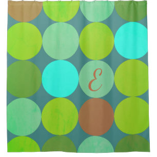 Lime Green Teal Turquoise & Rust Circles Monogram Shower Curtain