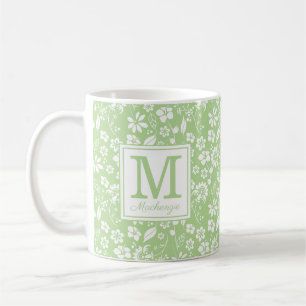 Lime Green Tropical Flowers Monogram Coffee Mug