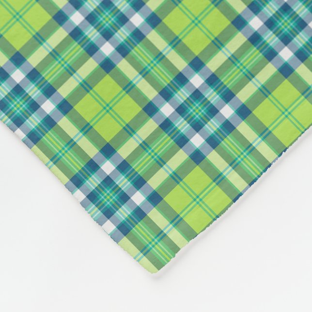 Lime Green, Turquoise and Blue Plaid Fleece Blanket (Corner)