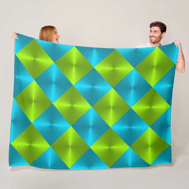 Lime Green Turquoise Blue Diamond Tile Pattern Fleece Blanket (In Situ)
