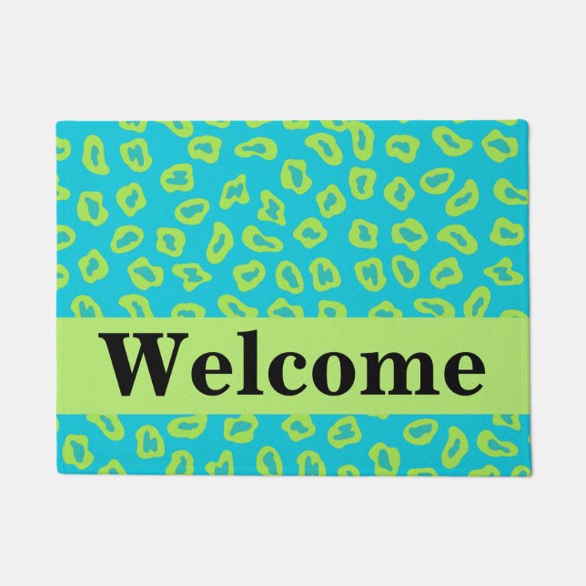 Lime Green Turquoise Leopard Skin Pattern Welcome Doormat (Front)