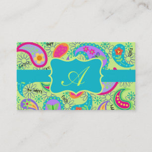 Lime Green Turquoise Modern Paisley Monogram Business Card