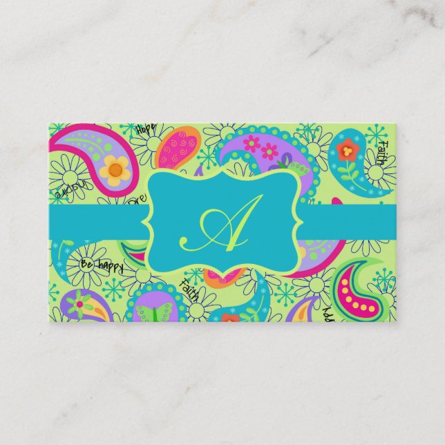Lime Green Turquoise Modern Paisley Monogram Business Card (Front)