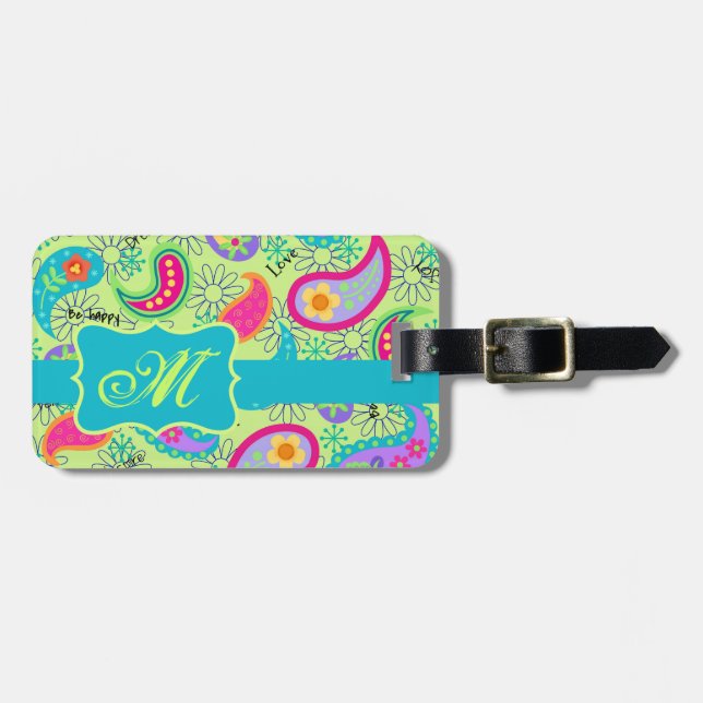 Lime Green Turquoise Modern Paisley Monogram Luggage Tag (Front Horizontal)