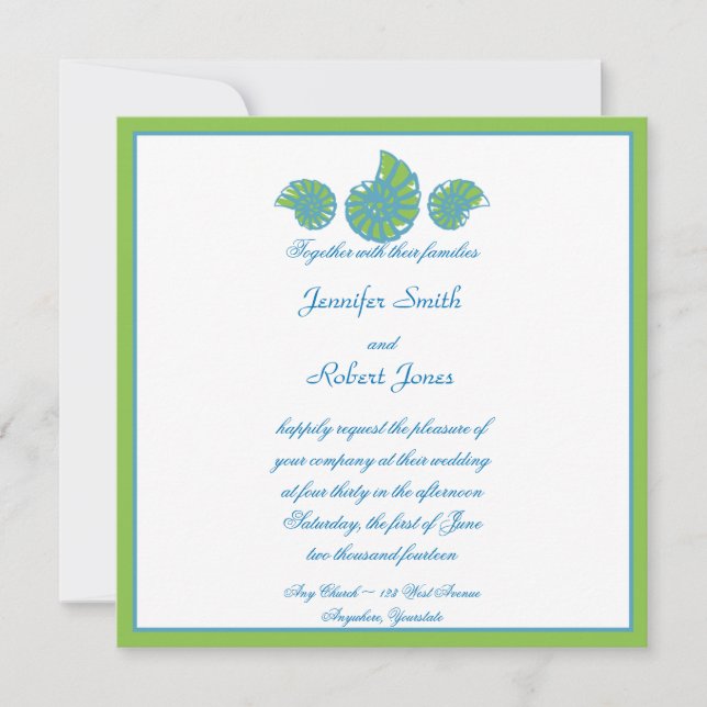 Lime Green Turquoise Seashell Wedding Invitation (Front)