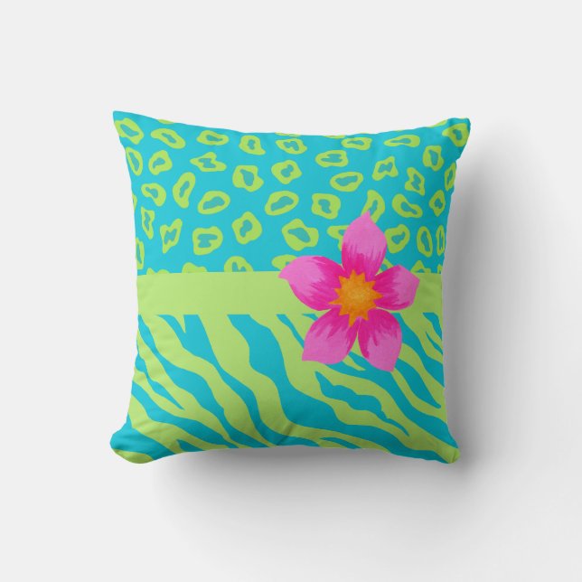Lime Green & Turquoise Zebra & Cheetah Pink Flower Cushion (Front)