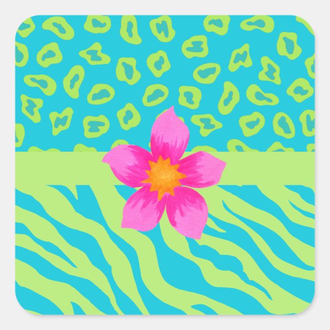 Lime Green & Turquoise Zebra & Cheetah Pink Flower Square Sticker (Front)