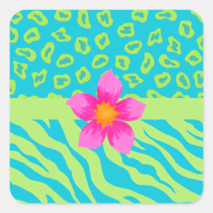 Lime Green & Turquoise Zebra & Cheetah Pink Flower Square Sticker
