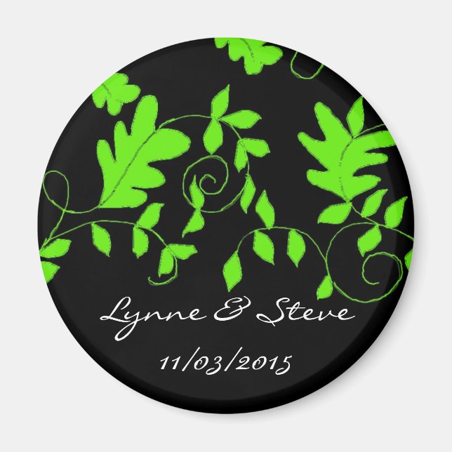 Lime Green Vines on Black Save the Date Magnet (Front)