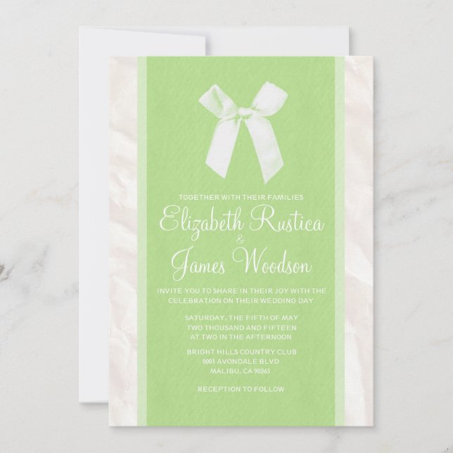 Lime Green Vintage Bow & Linen Wedding Invitations (Front)