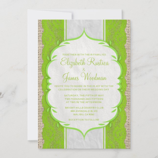 Lime Green Vintage Linen Burlap Wedding Invitation (Front)