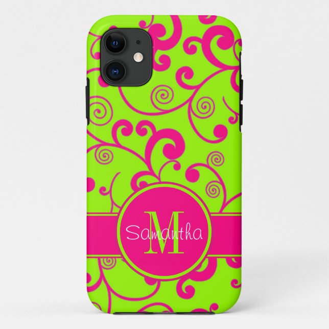 Lime Green w/ Pink Scroll Design Custom Monogram Case-Mate iPhone Case (Back)