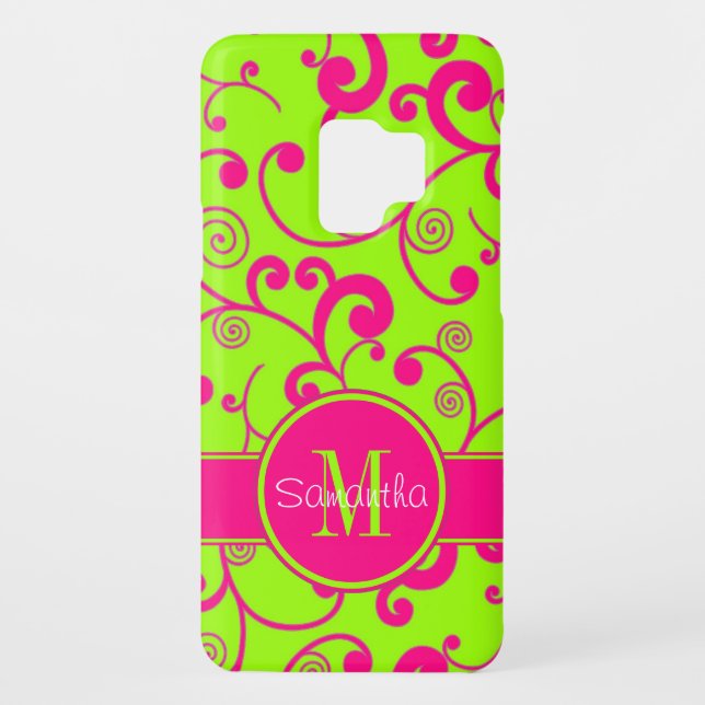 Lime Green w/ Pink Scroll Design Custom Monogram Case-Mate Samsung Galaxy Case (Back)