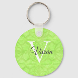 Lime Green Watercolor Monogram Name Key Ring